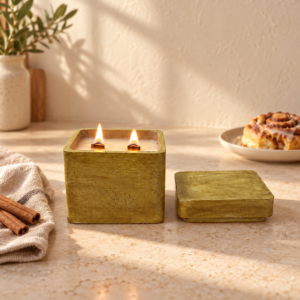 • Hand poured Grandma's Kitchen concrete jar candle with dual burning wood wicks on a sunny kitchen counter