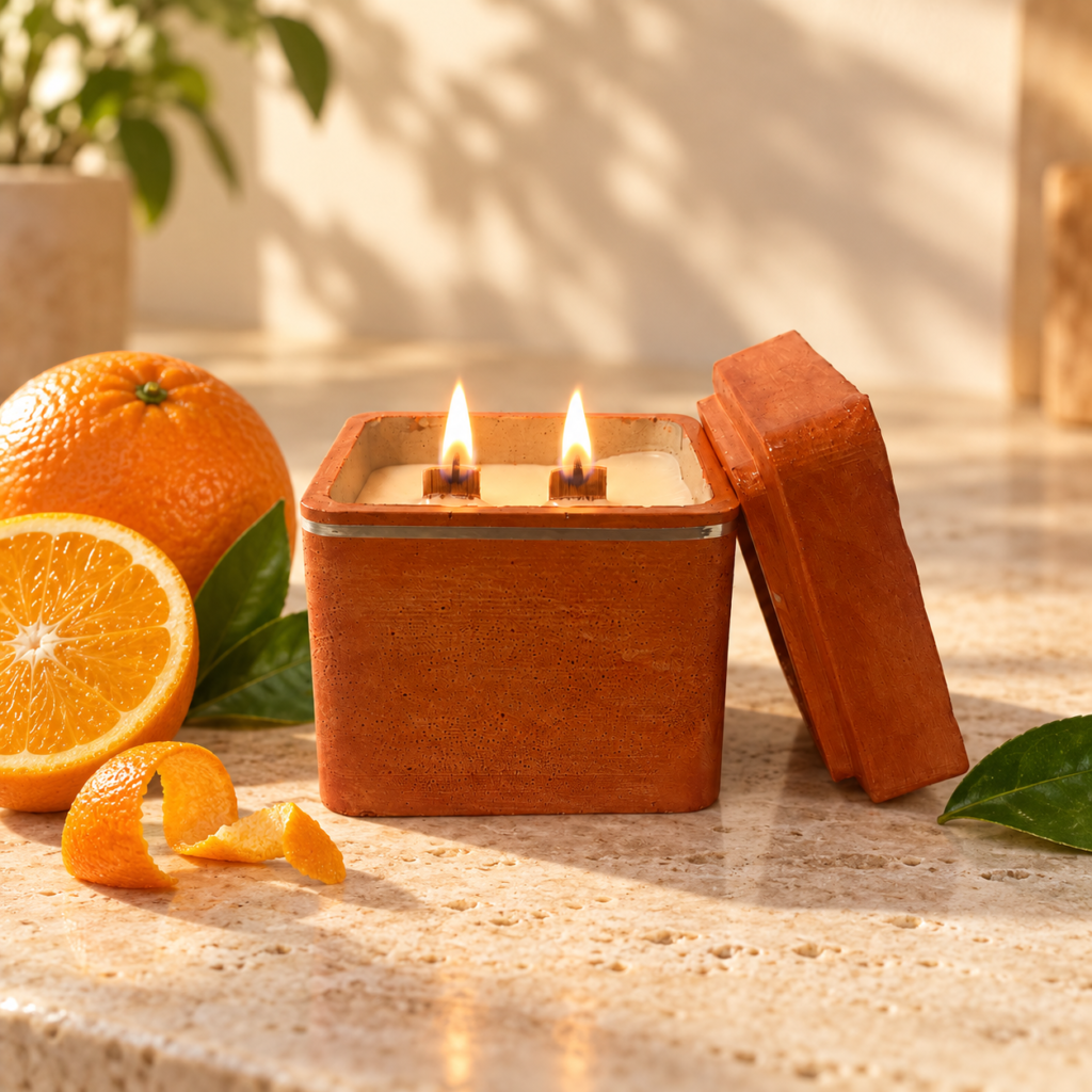 Orange-A-Licious orange spice candle burning with two wooden wicks