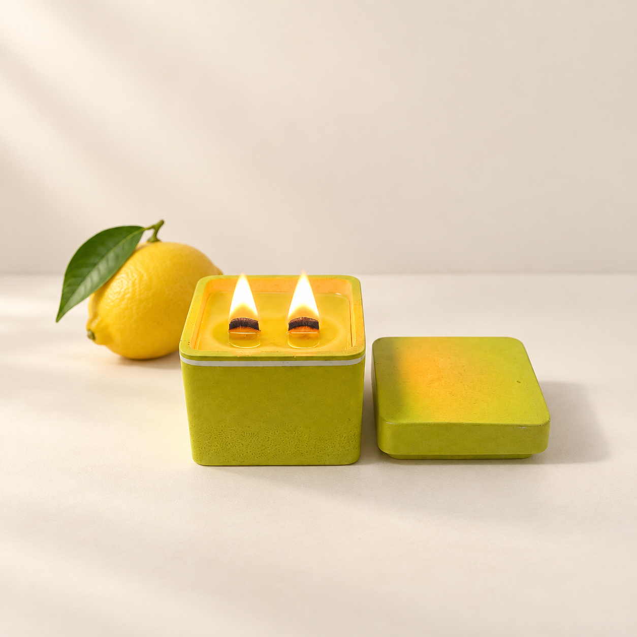 A burning Lemon Fever wood wick candle with two flames inside a handcrafted yellow concrete jar next to a fresh lemon.