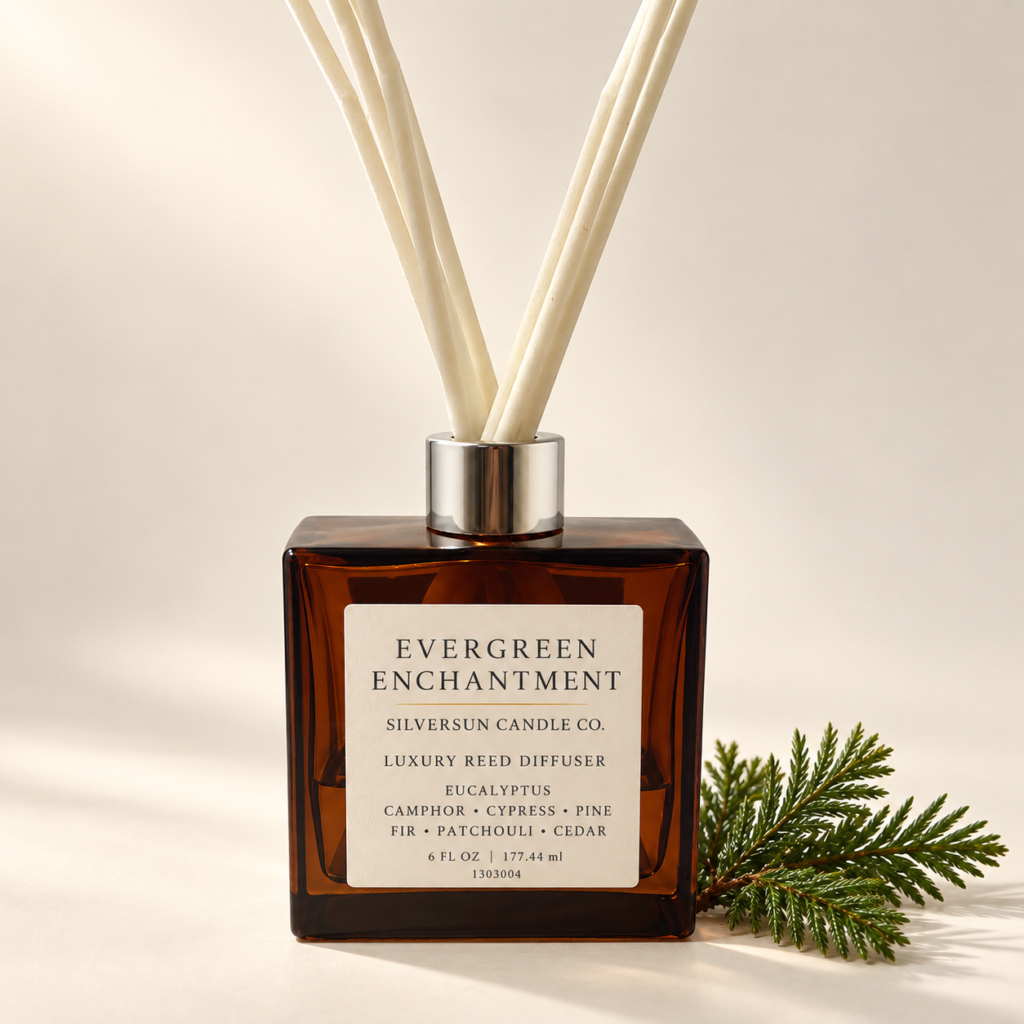 Evergreen Enchantment luxury reed diffuser by Silversun Candle Co with 8 fiber reeds.